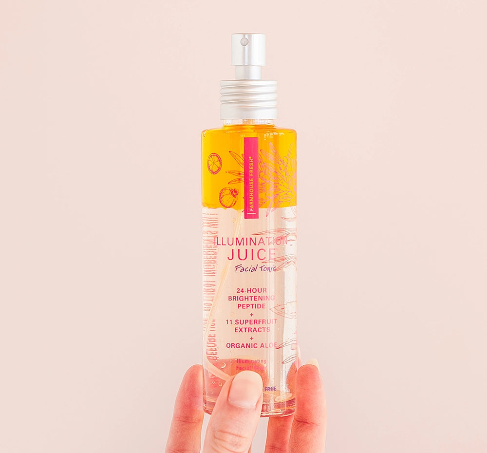 Delivered with pristine organic aloe juice and a touch of beta carotene, Illumination Juice® Facial Tonic delivers a trove of phytonutrients, vitamins and essential fatty acids to nourish your glow all day long. Even more – spritz throughout the day, and this tonic provides instant refreshment. Shake before use to blend the mega-vitamin formula.