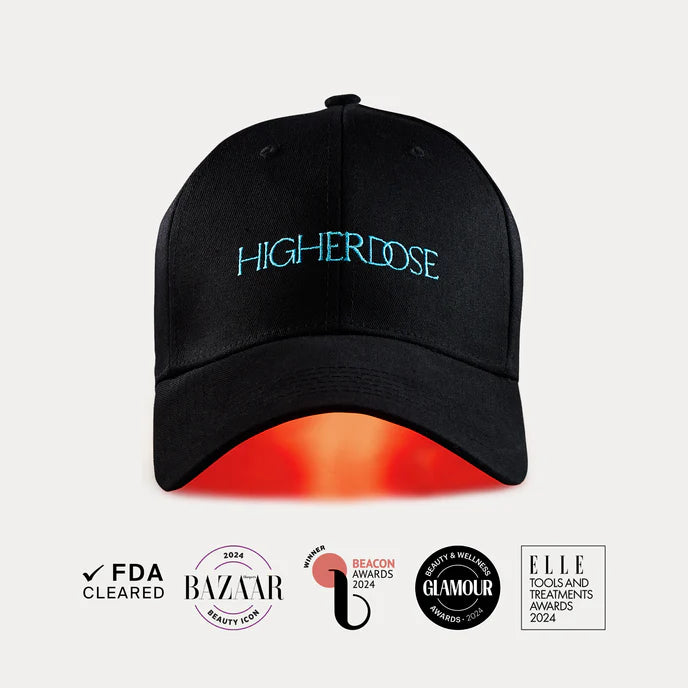 Black cap with 'HIGHERDOSE' branding on a white background, featuring certification logos below.
