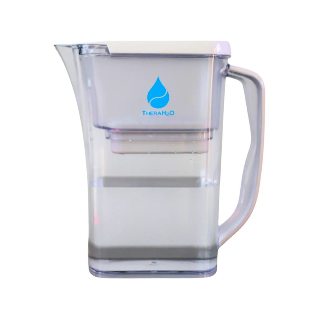Pitcher uses a 6-stage system with gemstones and InfraRed tech to purify, energize, and restructure water at the cellular level. Removes toxins like heavy metals, fluoride, and VOCs, while delivering smooth, alkaline, antioxidant-rich hydration. One cartridge filters up to 400 gallons.