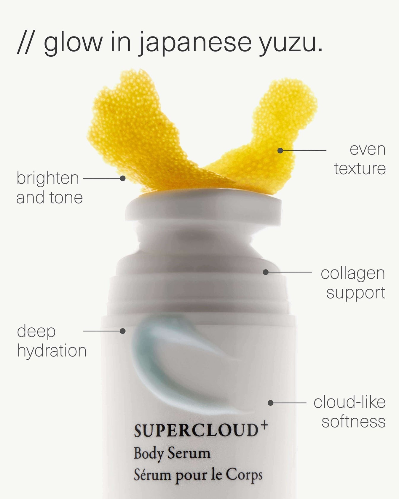 iOta Supercloud Body Serum powerhouse serum for deep hydration, cloud-like softness, even texture & glow. Formulated with Japanese Yuzu + face-grade Copper Peptides