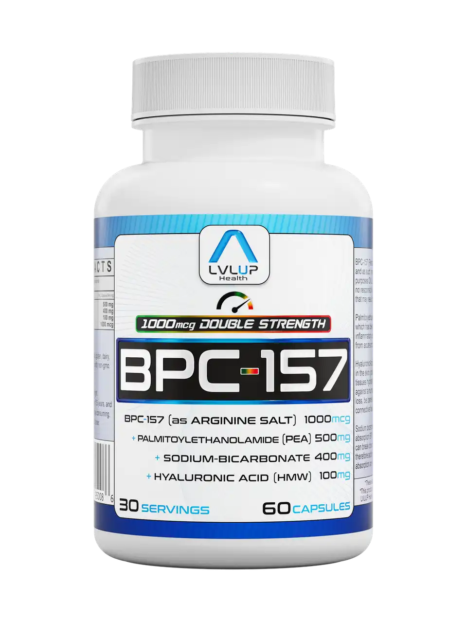 BPC 157 supplement bottle with LVLUP Health label on a white background