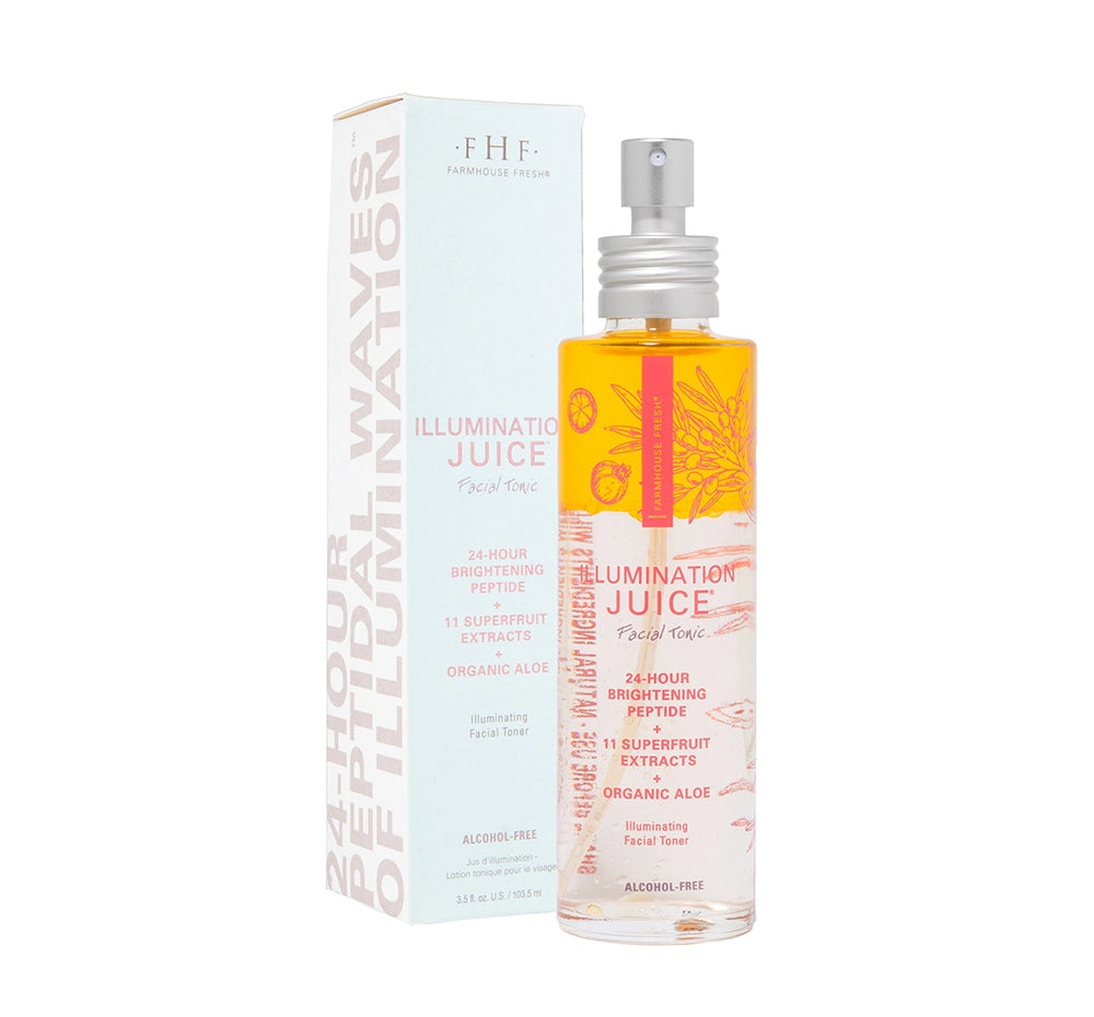 Refreshing, organic aloe & superfruit mist! This gorgeous citrus 2-layer, alcohol-free toner visibly brightens and evens the look of skin. It targets complexion with a cocktail of vitamin C, 11 superfruit extracts, including mangosteen, noni, wolfberry, apple & more, 9 botanical oils, and a powerful 24-hour time release peptide that brings nonstop waves of