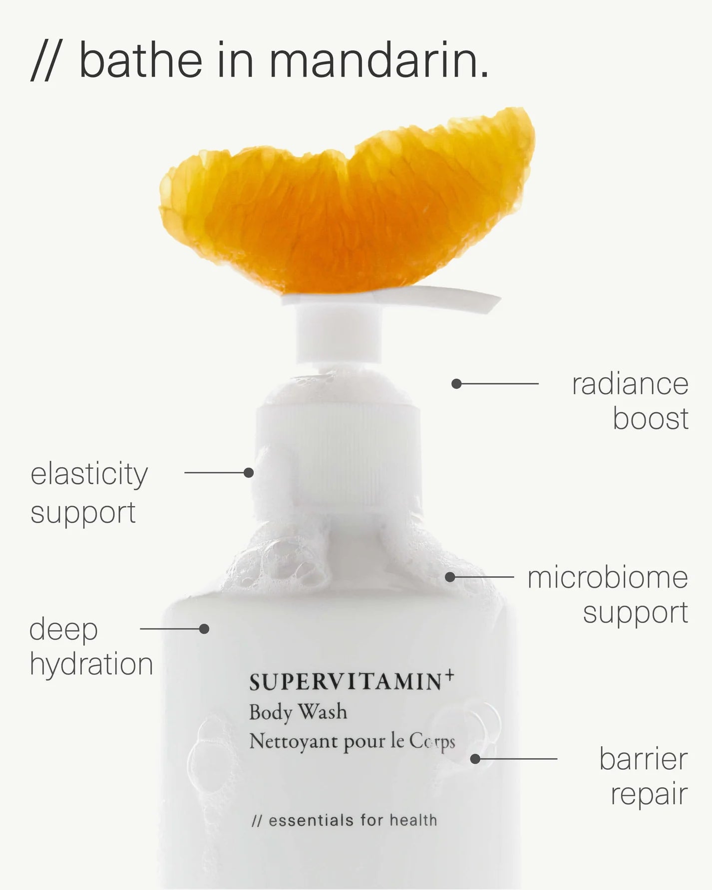 Supervitamin Body Wash+ Brightening A glow-boosting body wash with Italian Mandarins. Formulated with Japanese Yuzu + face-grade Niacinamide for longer-lasting radiance & hydration. Microbiome
