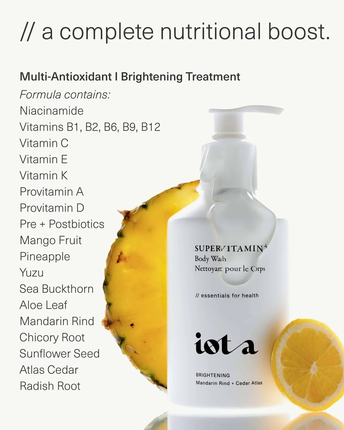 Supervitamin Body Wash+ Brightening - iota A glow-boosting body wash with Italian Mandarins. Formulated with Japanese Yuzu + face-grade Niacinamide for longer-lasting radiance & hydration. Microbiome