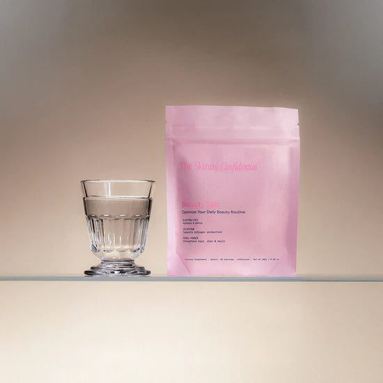 an unflavored powder supplement combining colostrum, electrolytes, pearl powder, and other ingredients, marketed to hydrate, support skin / hair / nails, detox, and promote overall beauty from within.