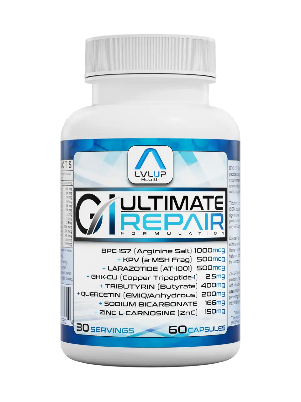 Ultimate GI Repair is an advanced gastrointestinal support formula that combines four bioactive peptides with potent gut-healing compounds aimed at promoting digestive health, maintaining intestinal integrity, and enhancing systemic recovery. This formulation includes BPC-157, Larazotide Acetate, KPV Tripeptide, and GHK-Cu, each selected for their roles in healing, immune function, and tissue repair. Additionally, natural compounds such as Zinc L-Carnosine, Quercetin, Tributyrin, and Sodium Bicarbonate are 