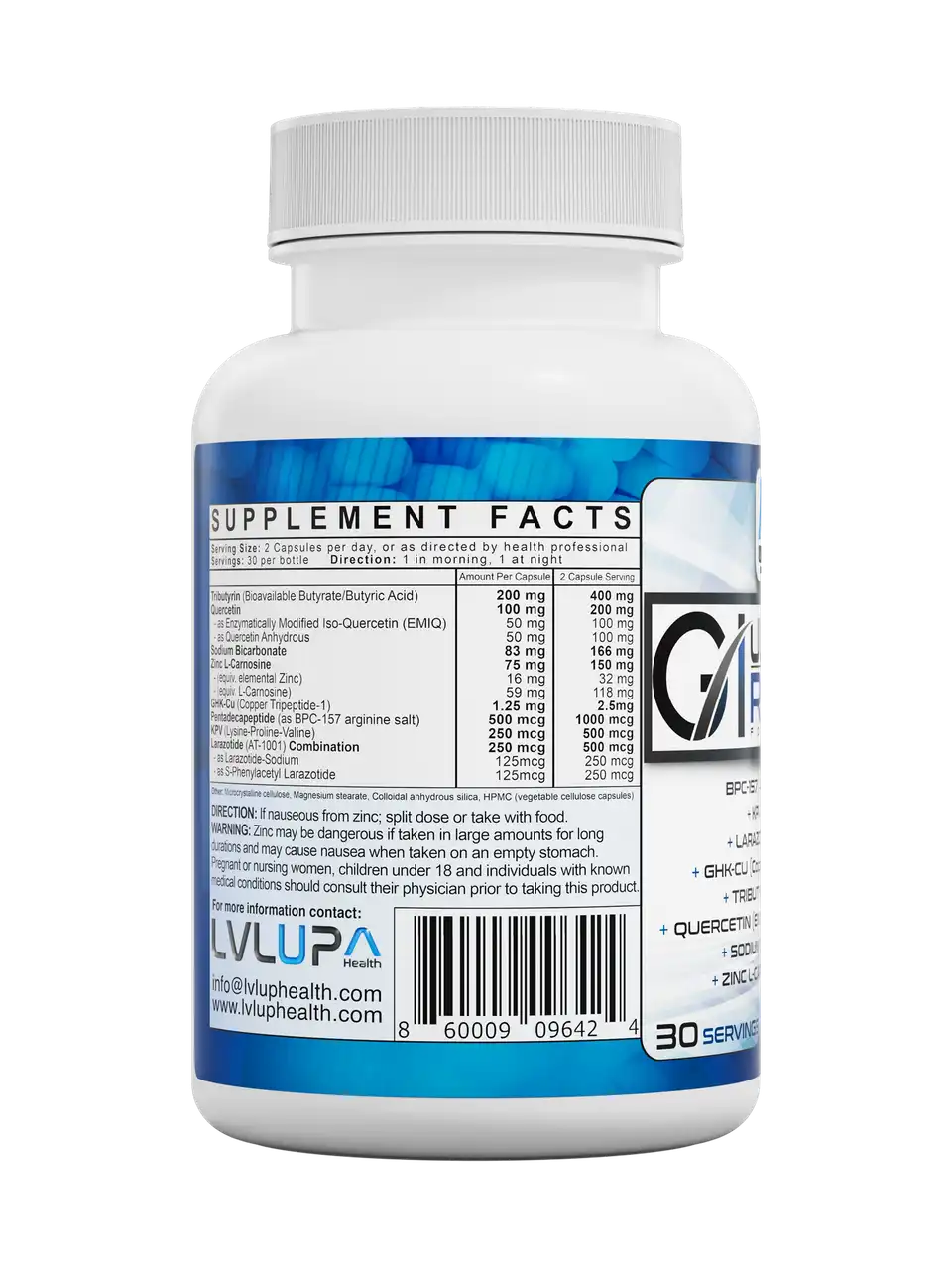 A SYNERGISTIC combination of powerful peptides BPC-157, KPV, Larazotide Acetate,
and Naturals Zinc L-Caronsine, Quercetin (As EMIQ and Anhydrous), Tributyrin and Copper citrate to create THE most POWERFUL Gastro-Intestinal healing product on the market!  
