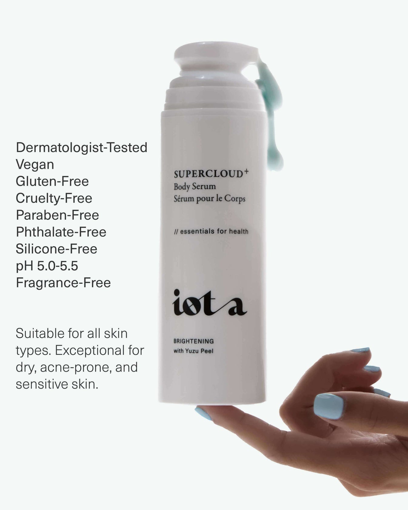 iOta Supercloud Body Serum powerhouse serum for deep hydration, cloud-like softness, even texture & glow. Formulated with Japanese Yuzu + face-grade Copper Peptides
